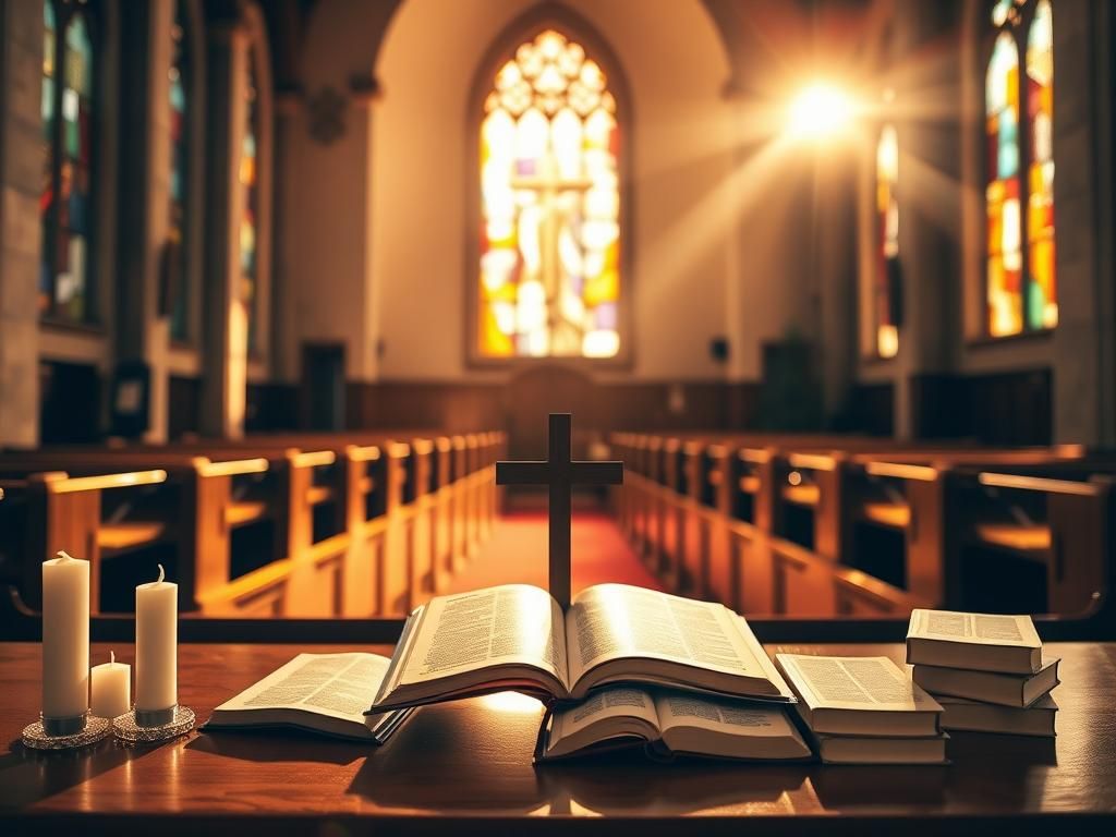 Flick International Serene church interior with stained glass windows and polished wooden pews