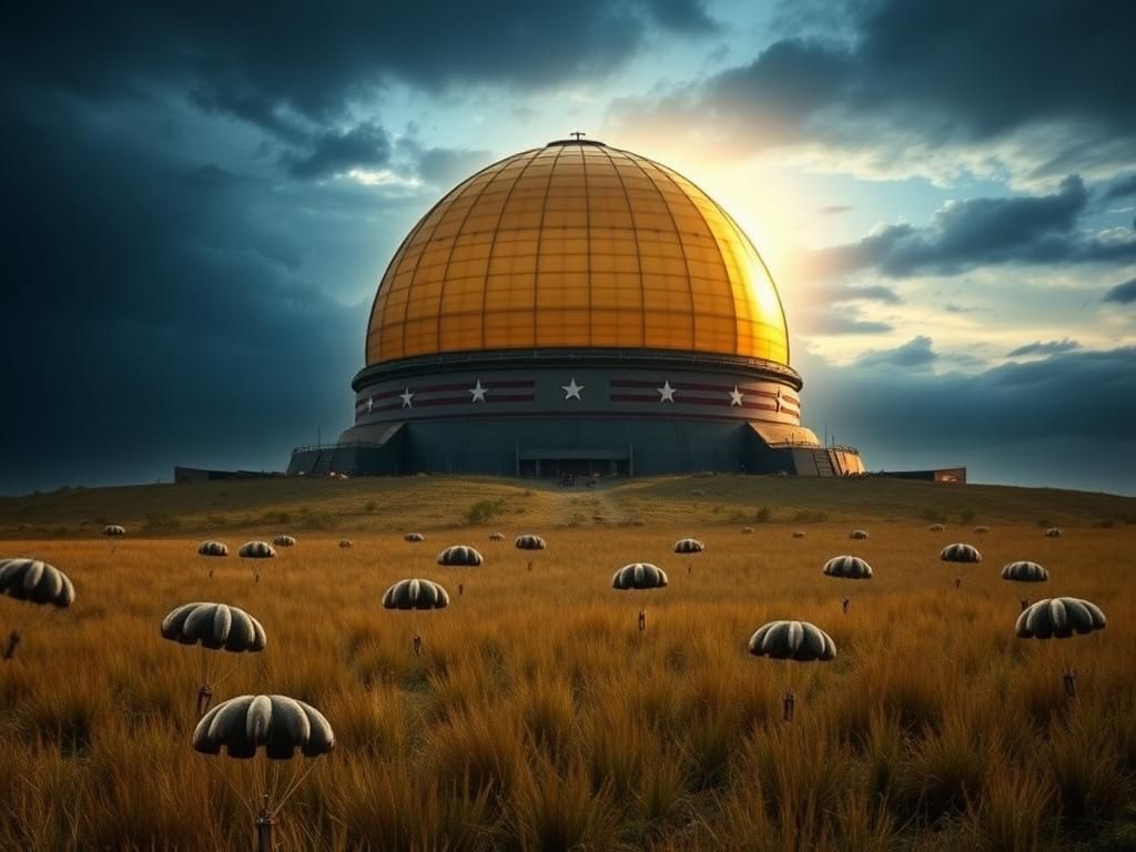 Flick International Golden Dome missile defense structure against a dramatic sky, symbolizing military protection