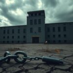 Flick International A stark prison building under a cloudy sky, symbolizing confinement and isolation
