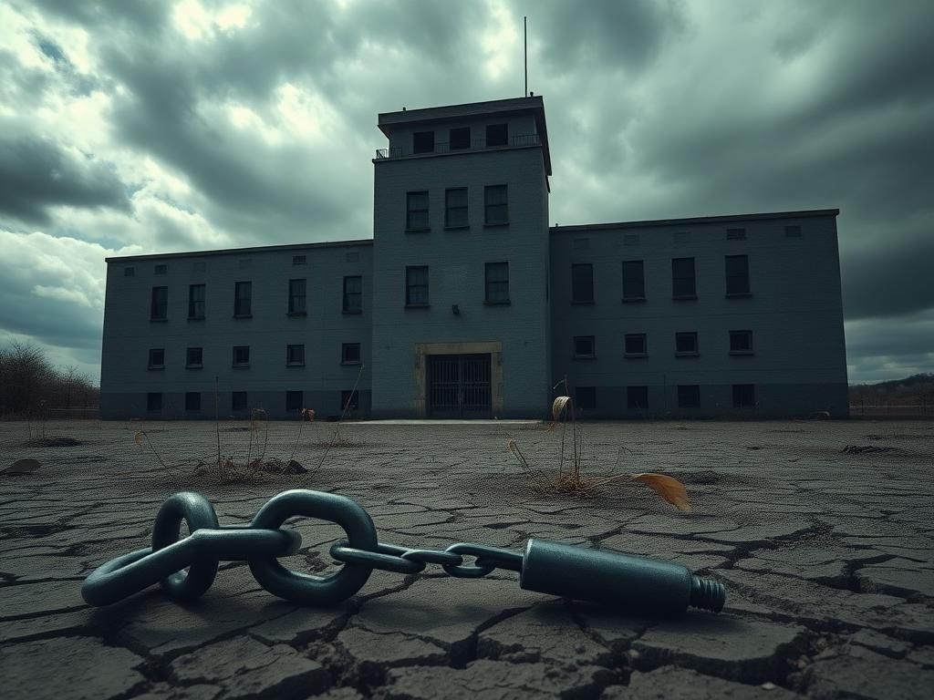 Flick International A stark prison building under a cloudy sky, symbolizing confinement and isolation
