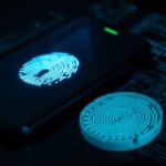 Flick International Close-up view of a glowing fingerprint scanner on a smartphone alongside a 3D-printed fingerprint mold