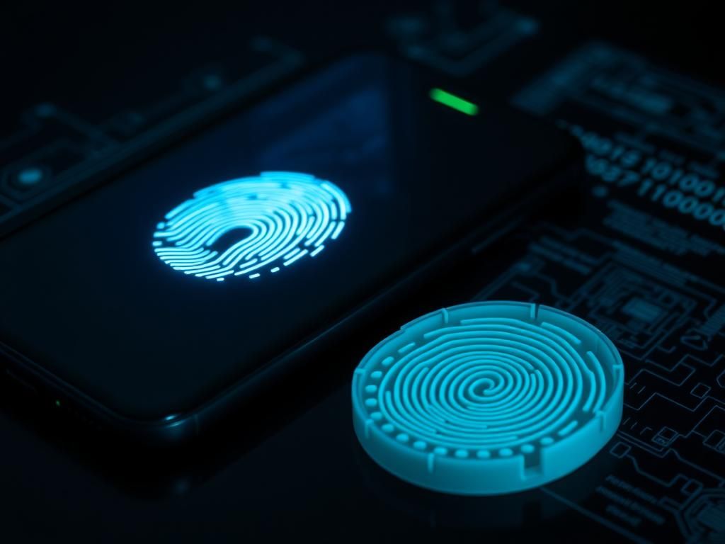 Flick International Close-up view of a glowing fingerprint scanner on a smartphone alongside a 3D-printed fingerprint mold