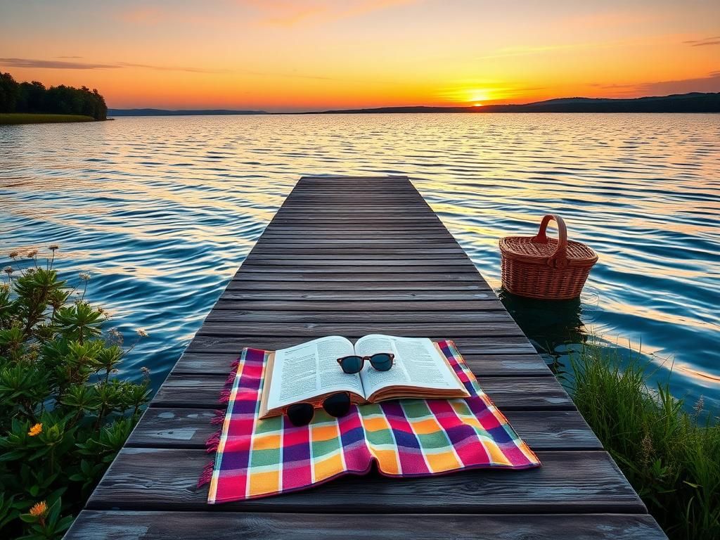Flick International A serene lakeside scene during sunset with a wooden dock and vibrant wildflowers