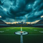 Flick International Empty football stadium under a twilight sky featuring the Pittsburgh Steelers logo on the field