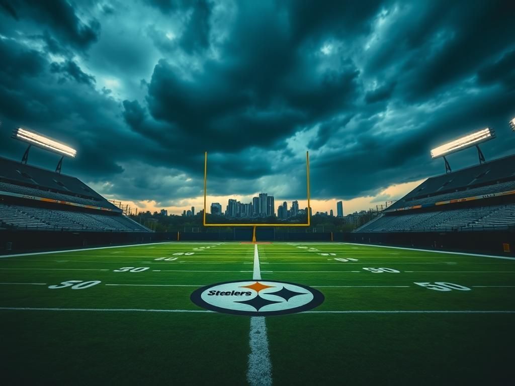 Flick International Empty football stadium under a twilight sky featuring the Pittsburgh Steelers logo on the field