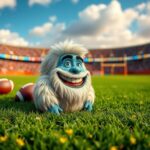 Flick International Close-up of a vibrant green football field with a cartoonish yeti character with exaggerated back hair.