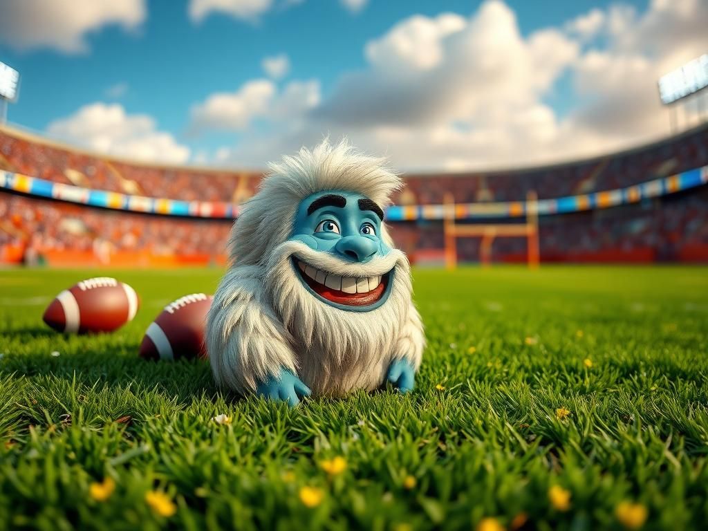 Flick International Close-up of a vibrant green football field with a cartoonish yeti character with exaggerated back hair.
