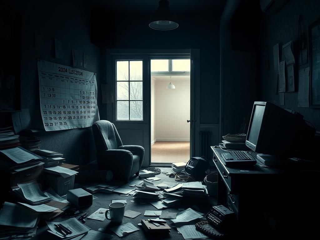 Flick International Dimly lit cluttered office space symbolizing hidden truths about Biden's cognitive decline