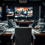 Flick International Dimly lit newsroom with stacks of newspapers and laptops symbolizing journalistic chaos