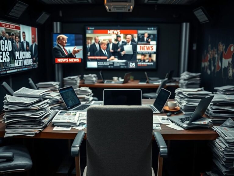Flick International Dimly lit newsroom with stacks of newspapers and laptops symbolizing journalistic chaos