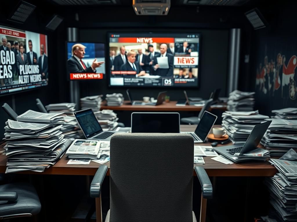 Flick International Dimly lit newsroom with stacks of newspapers and laptops symbolizing journalistic chaos