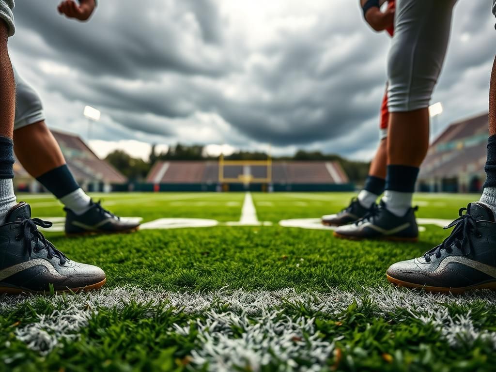 Flick International Close-up of a football huddle illustrating the strength and teamwork of players on the turf