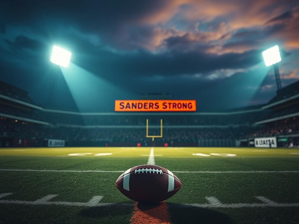Flick International A dramatic football stadium at dusk with a lone football on the 50-yard line