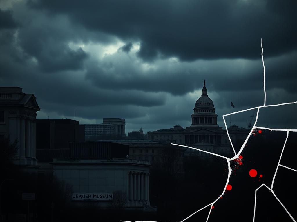 Flick International Dark urban scene of Washington, D.C. highlighting tension with a Jewish museum partially visible
