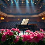 Flick International Serene concert hall with a grand piano and vibrant flowers symbolizing support