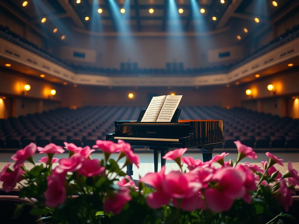 Flick International Serene concert hall with a grand piano and vibrant flowers symbolizing support