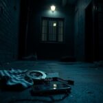 Flick International Dark urban alleyway in New Orleans with an abandoned prison shirt and handcuffs hinting at a prison escape