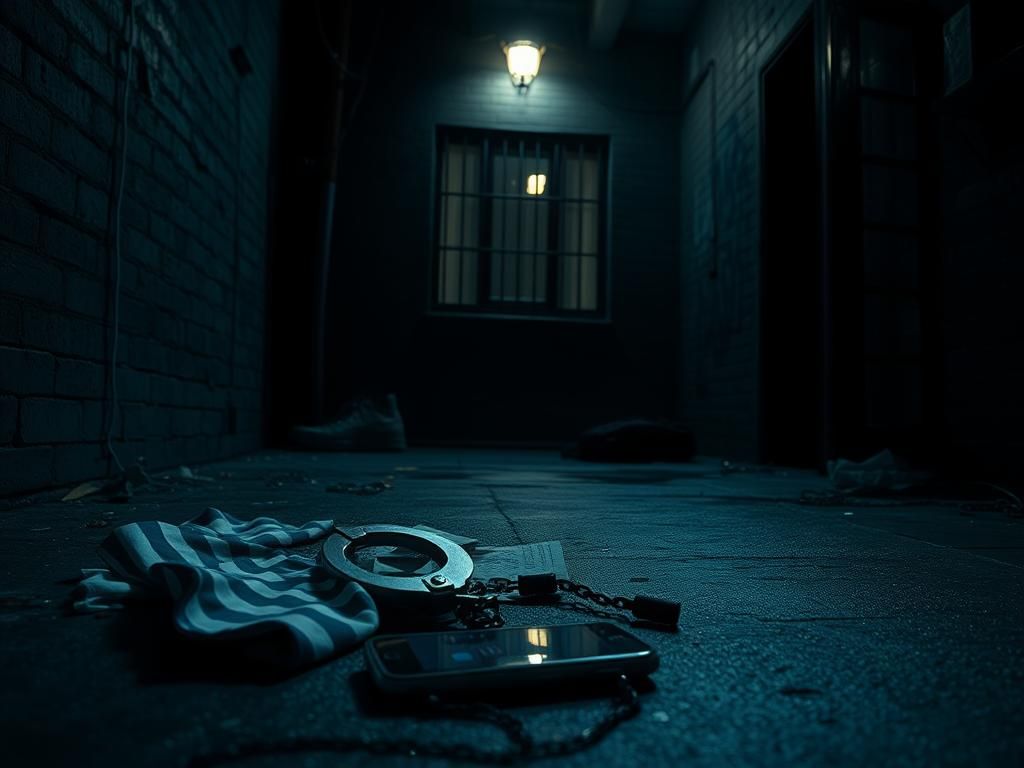 Flick International Dark urban alleyway in New Orleans with an abandoned prison shirt and handcuffs hinting at a prison escape