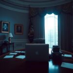 Flick International A dimly lit empty Oval Office with a polished wooden desk cluttered with papers and a closed laptop.