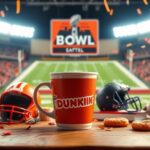 Flick International A vibrant football-themed scene featuring a large Dunkin' coffee cup and football memorabilia
