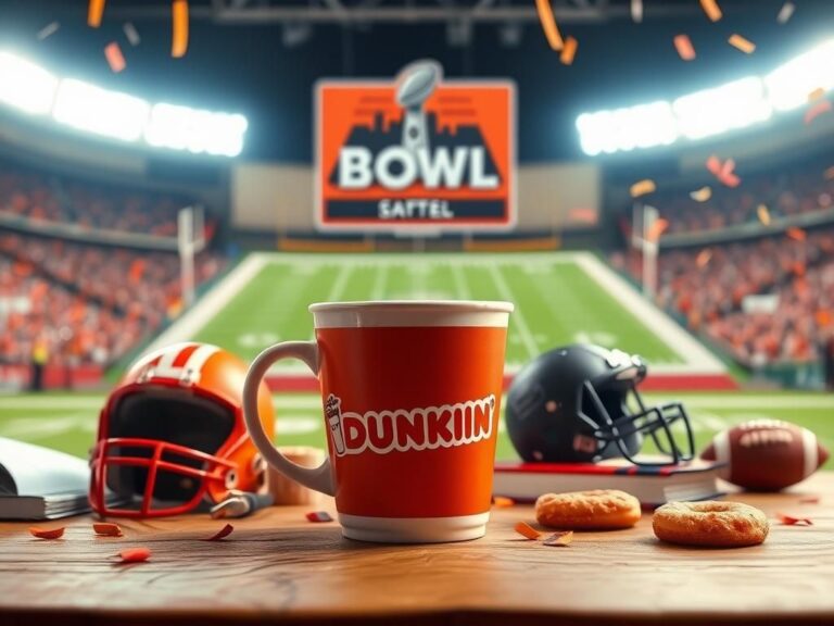 Flick International A vibrant football-themed scene featuring a large Dunkin' coffee cup and football memorabilia
