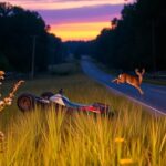 Flick International Overturned ATV on a tranquil rural road at dusk with wildflowers and a deer in mid-leap
