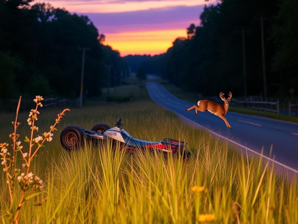 Flick International Overturned ATV on a tranquil rural road at dusk with wildflowers and a deer in mid-leap