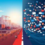 Flick International A split-image representation of bipartisanship, featuring a vibrant urban landscape and a chaotic media environment.