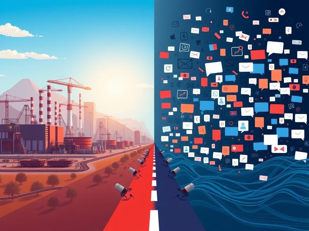 Flick International A split-image representation of bipartisanship, featuring a vibrant urban landscape and a chaotic media environment.
