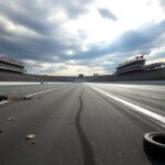Flick International Dramatic scene of an empty racetrack at the Indianapolis Motor Speedway with tire marks and debris from a recent crash.