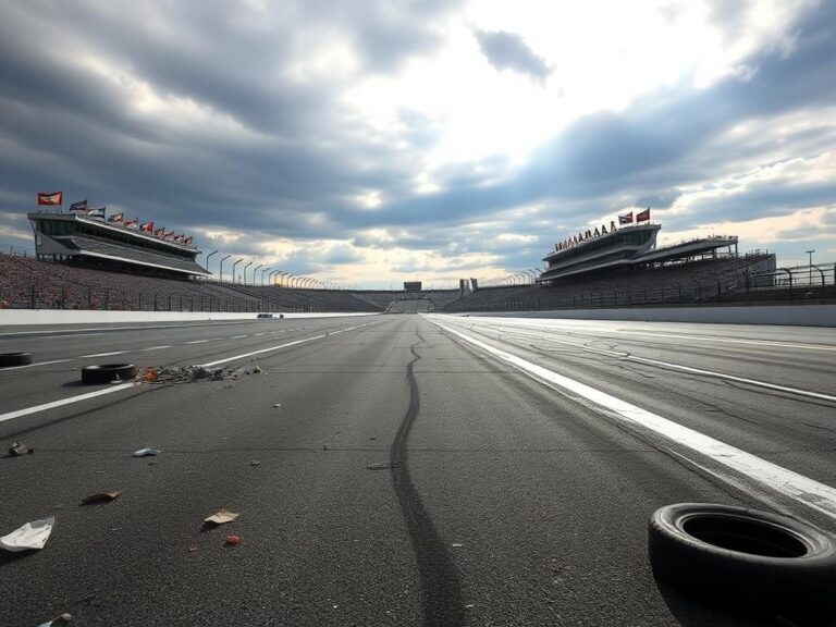 Flick International Dramatic scene of an empty racetrack at the Indianapolis Motor Speedway with tire marks and debris from a recent crash.