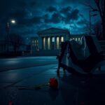 Flick International A dark street scene outside a modern museum with a solitary red rose symbolizing mourning.