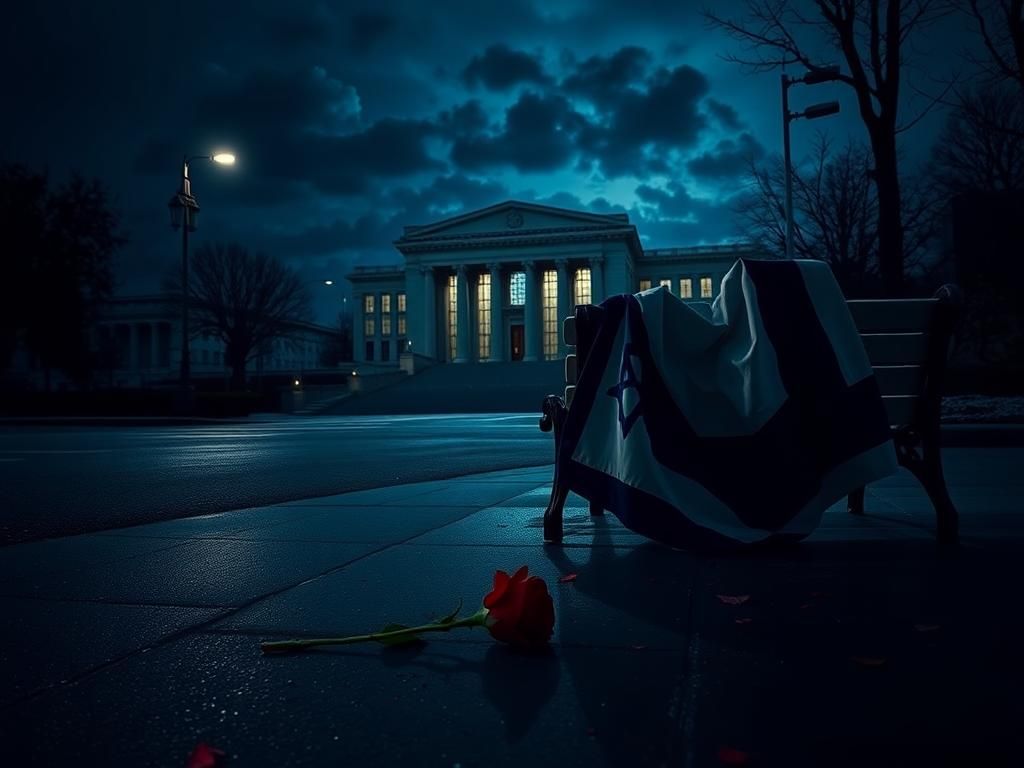 Flick International A dark street scene outside a modern museum with a solitary red rose symbolizing mourning.
