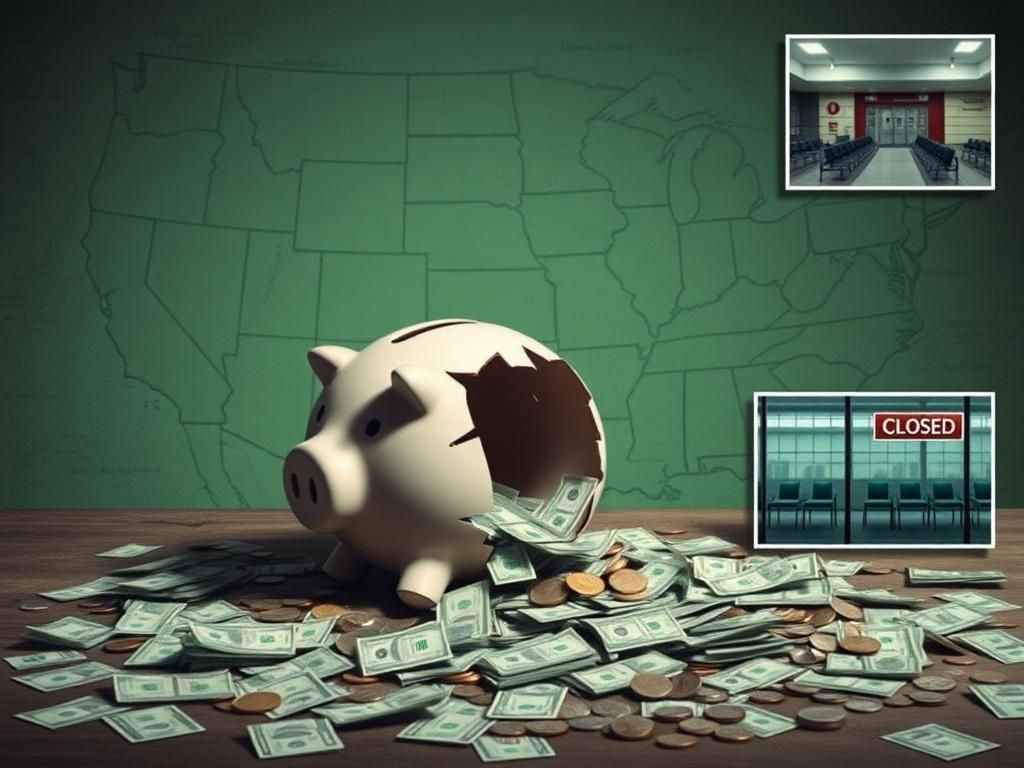 Flick International A conceptual image illustrating Medicaid fraud with a cracked piggy bank spilling dollar bills, representing $14 billion waste.