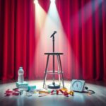 Flick International A vibrant stage setting with a microphone stand and empty stool, symbolizing comedy