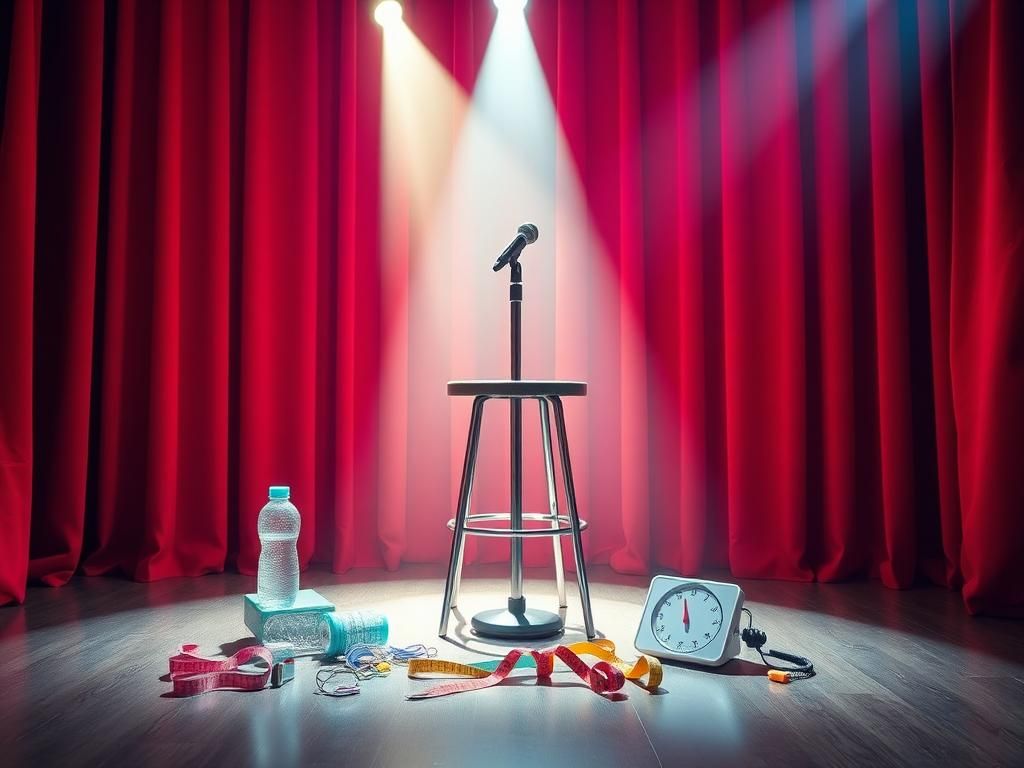 Flick International A vibrant stage setting with a microphone stand and empty stool, symbolizing comedy