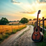 Flick International Serene country landscape at dawn with golden fields and weathered guitar