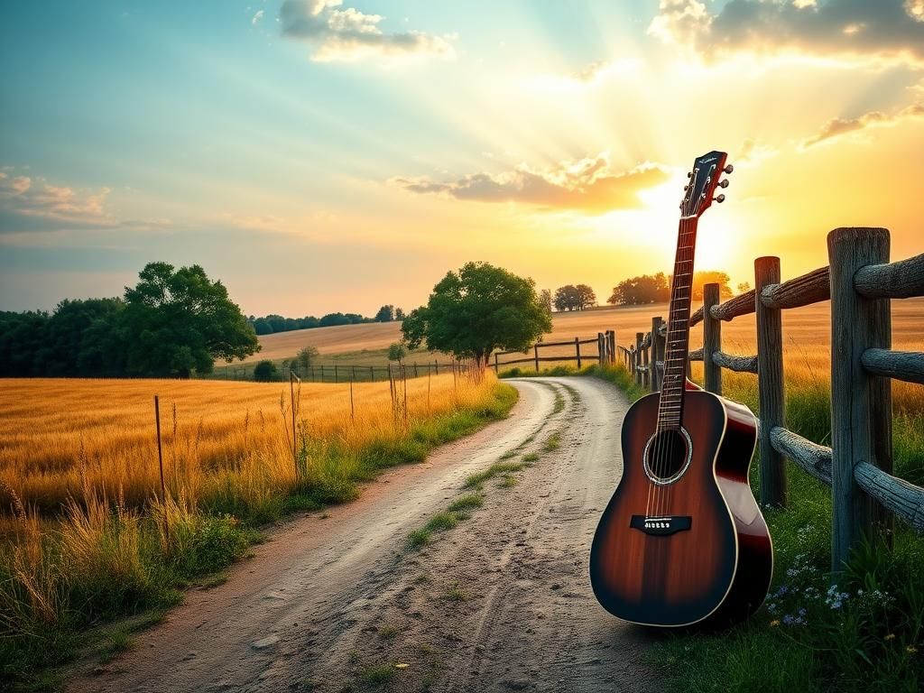 Flick International Serene country landscape at dawn with golden fields and weathered guitar