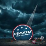 Flick International A stormy backdrop with dark clouds over a cracked Democratic Party logo symbolizing turmoil