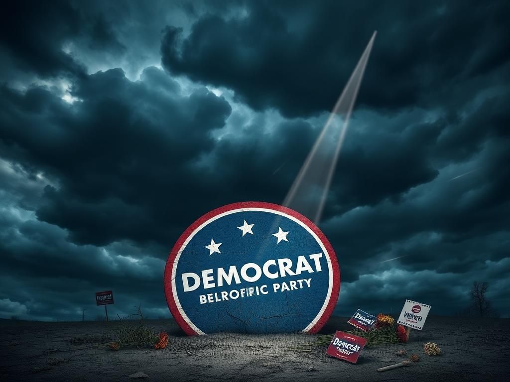 Flick International A stormy backdrop with dark clouds over a cracked Democratic Party logo symbolizing turmoil