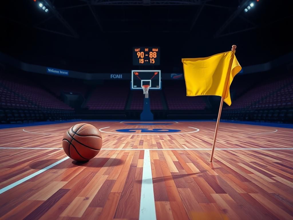 Flick International Tense basketball court scene highlighting a scuffed ball and a warning flag