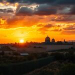 Flick International Sunset view of Jerusalem showcasing the Western Wall and the Dome of the Rock amidst a backdrop of contrasting clouds