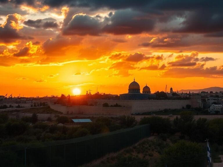 Flick International Sunset view of Jerusalem showcasing the Western Wall and the Dome of the Rock amidst a backdrop of contrasting clouds