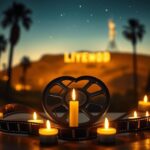 Flick International Vintage film reel surrounded by glowing candles arranged in a heart shape, symbolizing love and remembrance.