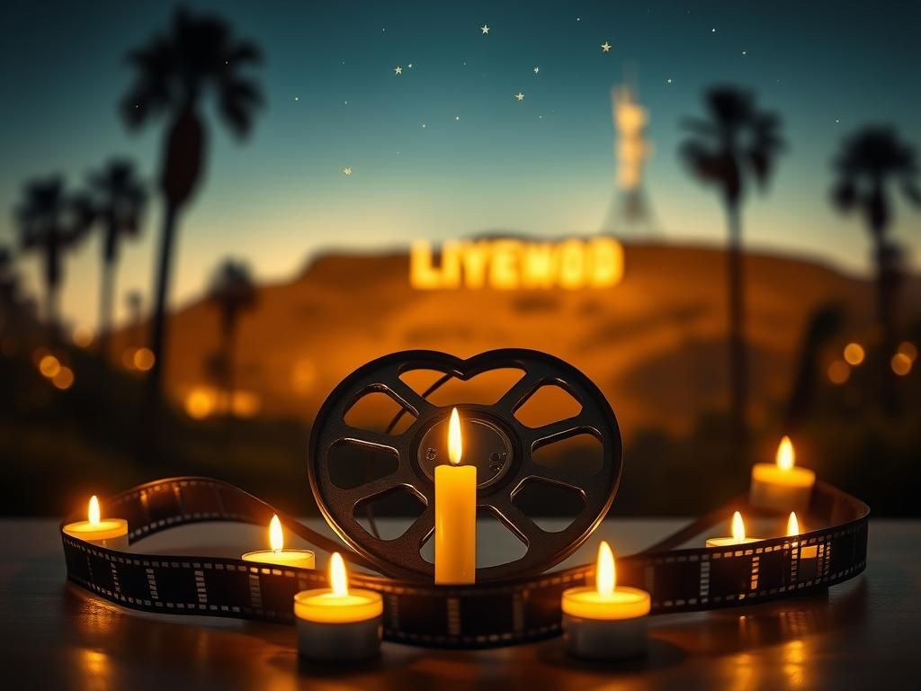 Flick International Vintage film reel surrounded by glowing candles arranged in a heart shape, symbolizing love and remembrance.