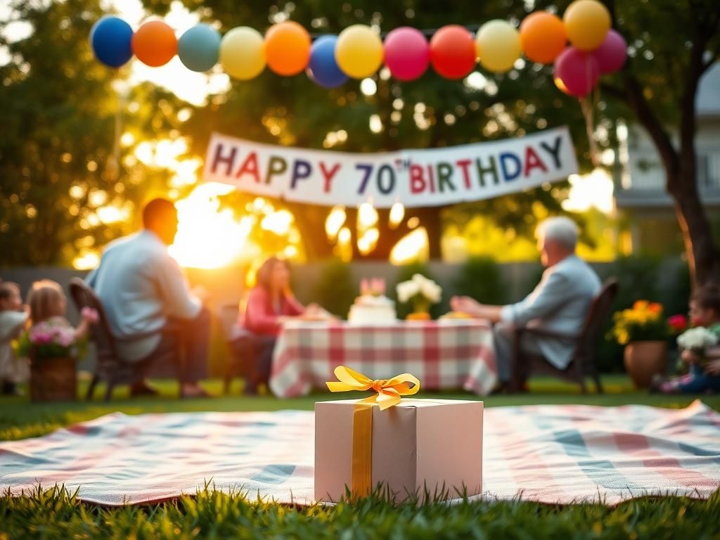 Flick International A warm gathering in a backyard celebrating a 70th birthday with vibrant decorations and family bonding