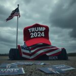 Flick International A deserted political rally stage with a large Trump 2024 hat and a fluttering American flag