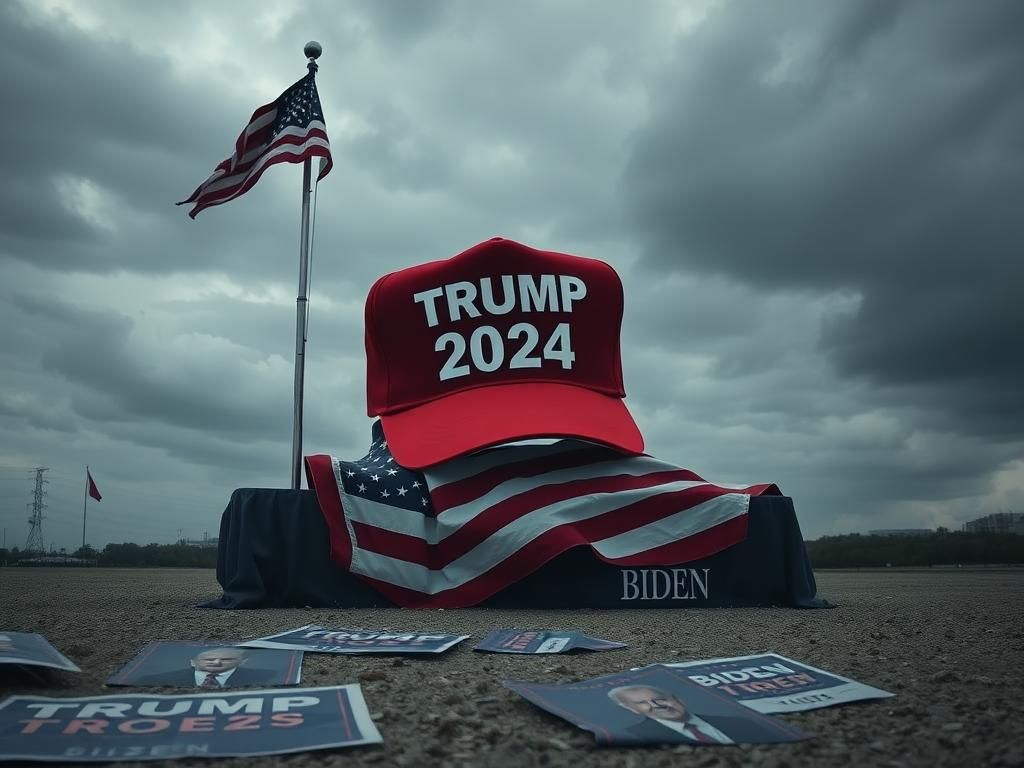 Flick International A deserted political rally stage with a large Trump 2024 hat and a fluttering American flag