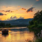 Flick International Serene riverside scene with rustic fishing boat at dusk, symbolizing reflection and hope