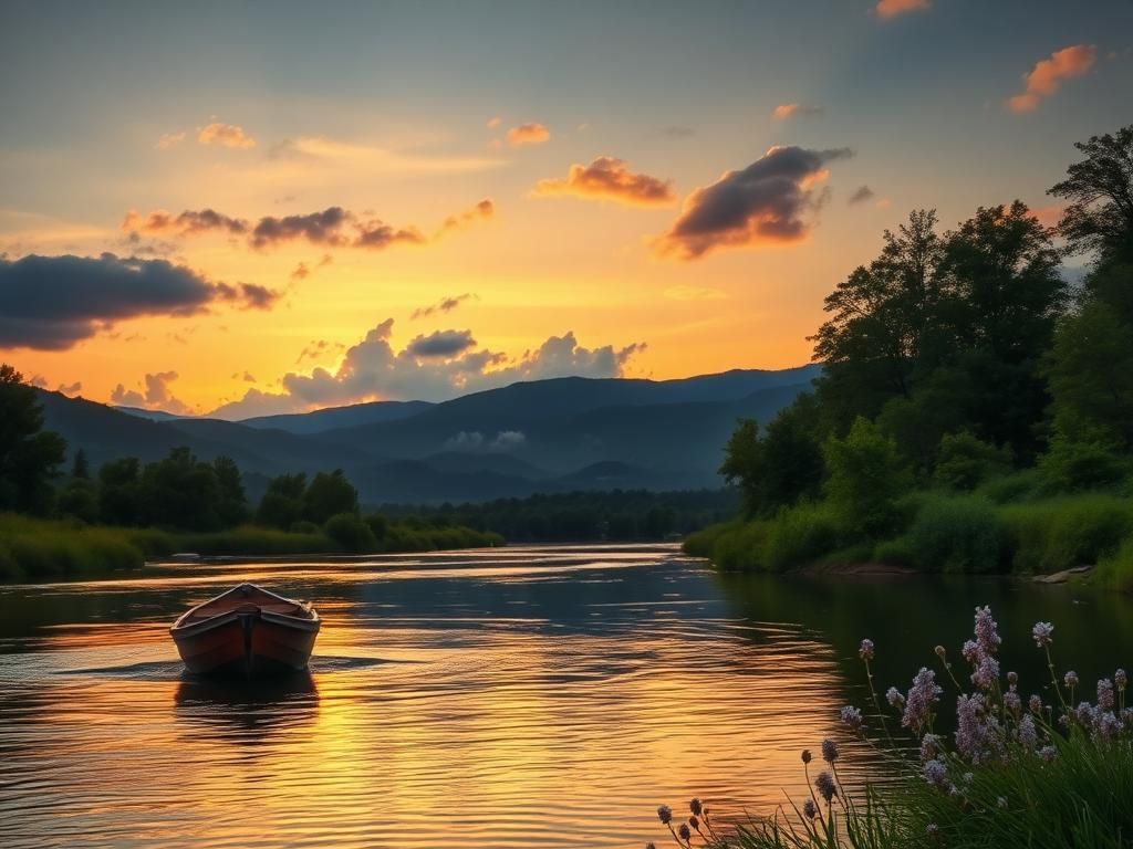 Flick International Serene riverside scene with rustic fishing boat at dusk, symbolizing reflection and hope